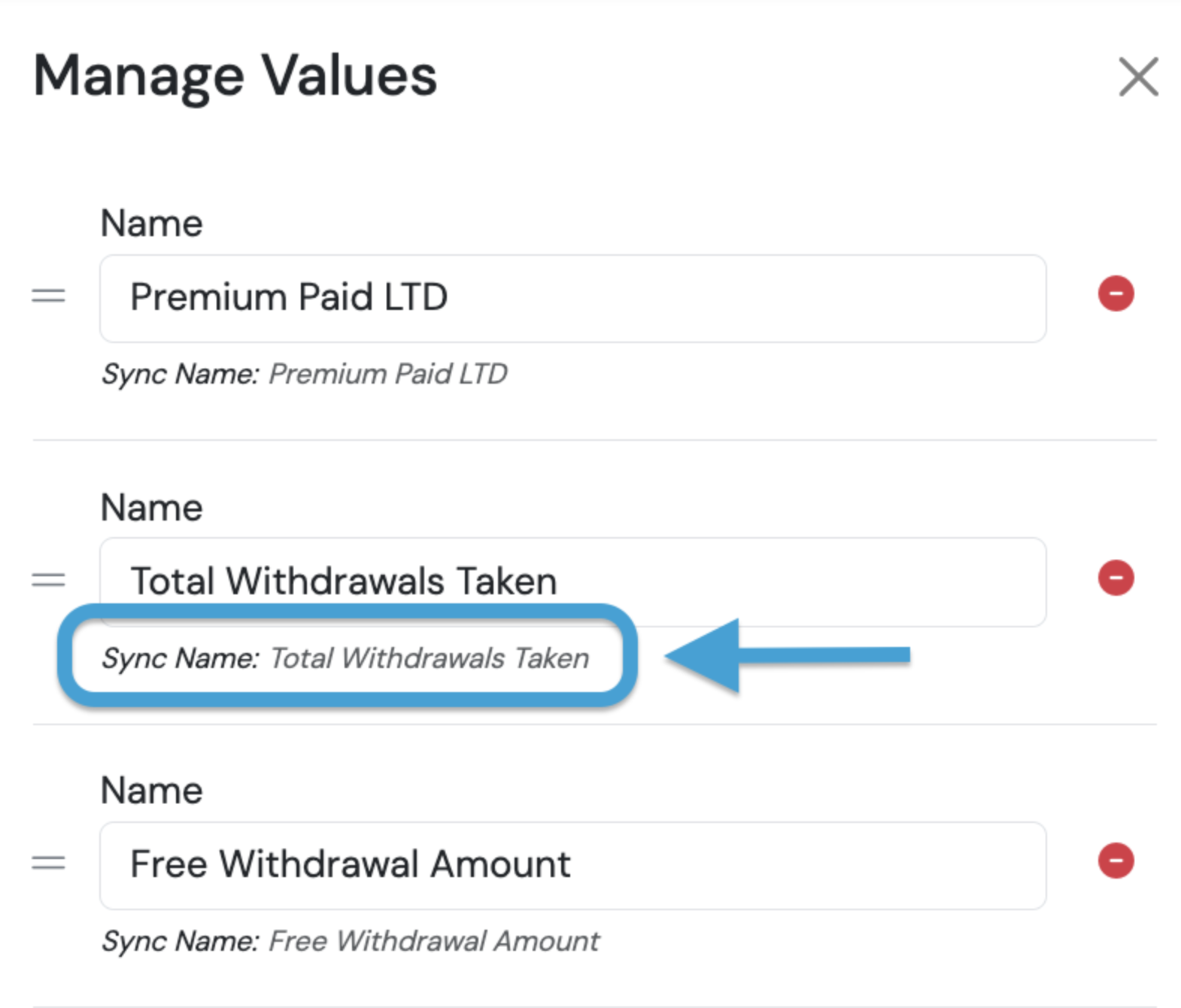 Screenshot: Identifying Swivel Sync Values vs. Migrated or Custom Values