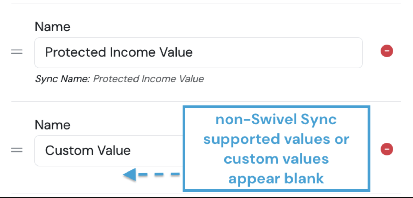 Screenshot: Identifying Swivel Sync Values vs. Migrated or Custom Values