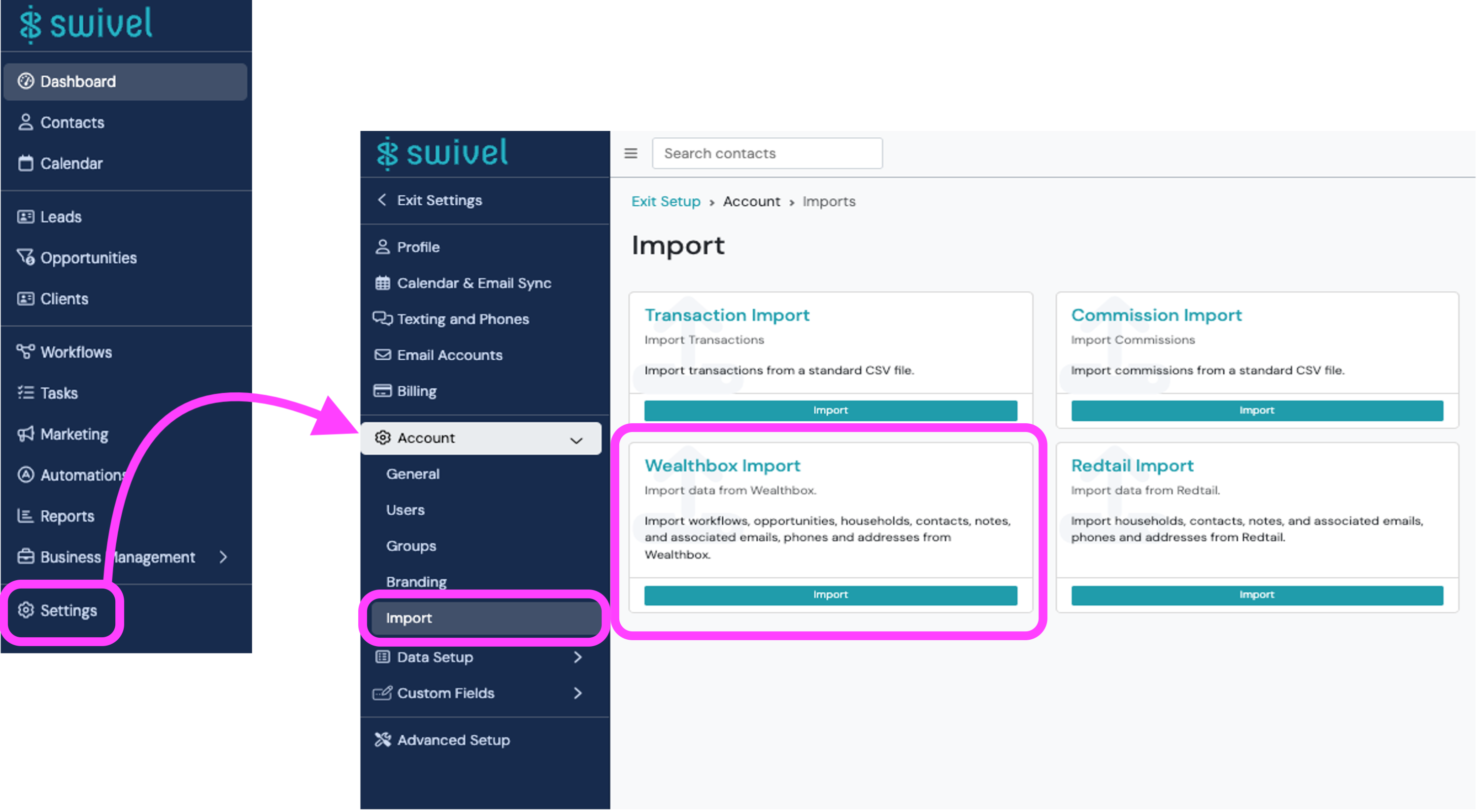 Screenshot: Step 2: Import Your Wealthbox Database Backup to Swivel