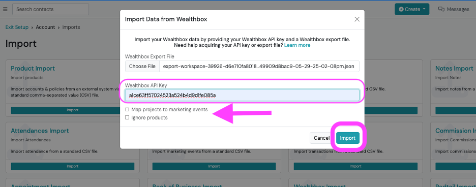 Screenshot: Step 2: Import Your Wealthbox Database Backup to Swivel